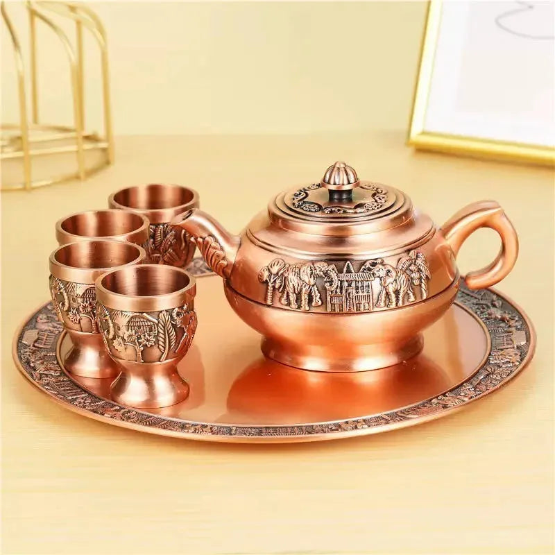 Retro Zinc Alloy Tea Set, Creative Brewing Bule, cor de cobre, Kung Fu Tea Brewing, ornamentos decorativos, 6 pcs