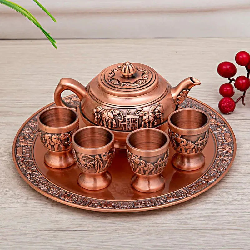 Retro Zinc Alloy Tea Set, Creative Brewing Bule, cor de cobre, Kung Fu Tea Brewing, ornamentos decorativos, 6 pcs